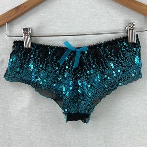 FREDERICK'S OF HOLLYWOOD Sequin Sheer Ruched Panty Size XL Black, Turquoise NWOT